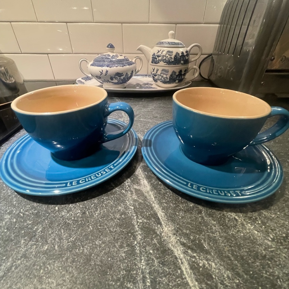 Le Creuset Stoneware Set of 2 Cappuccino Cups and Saucers , 7 oz. each